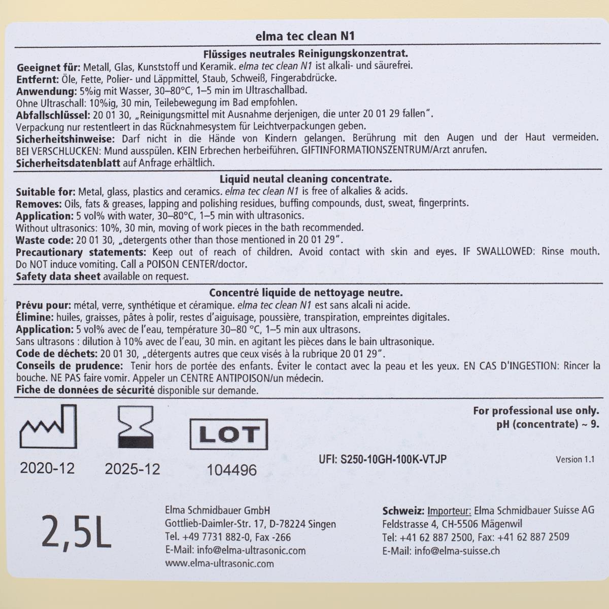 elma tec clean N1 Etikett Rückseite