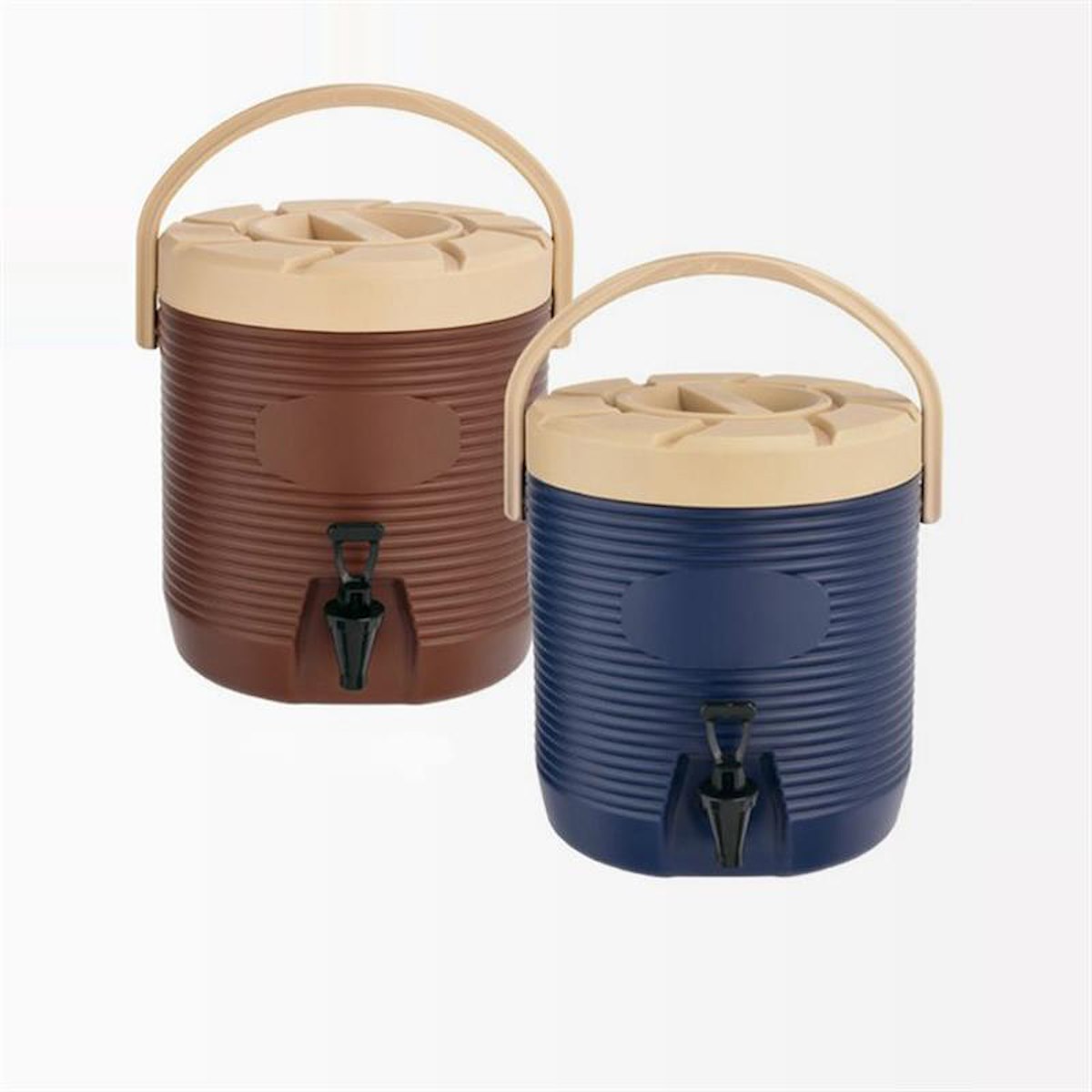 Thermo-Getränkebehälter in braun und blau