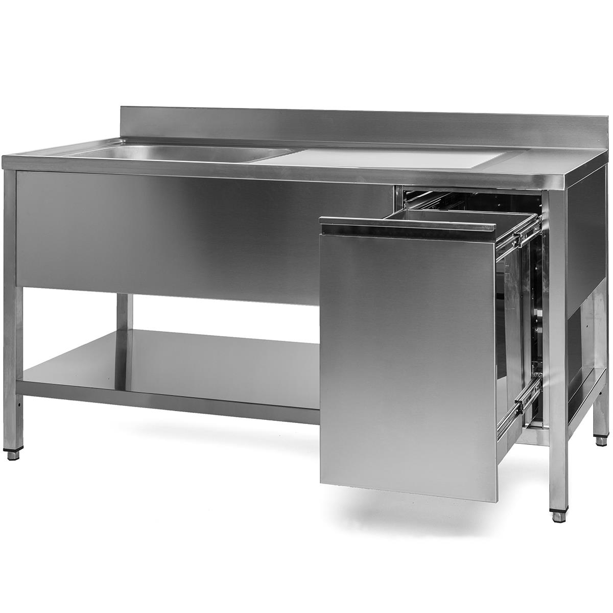 Spülschrank Edelstahl 100 x 70 x 85 cm mit Abfallbehälter, 1 Becken