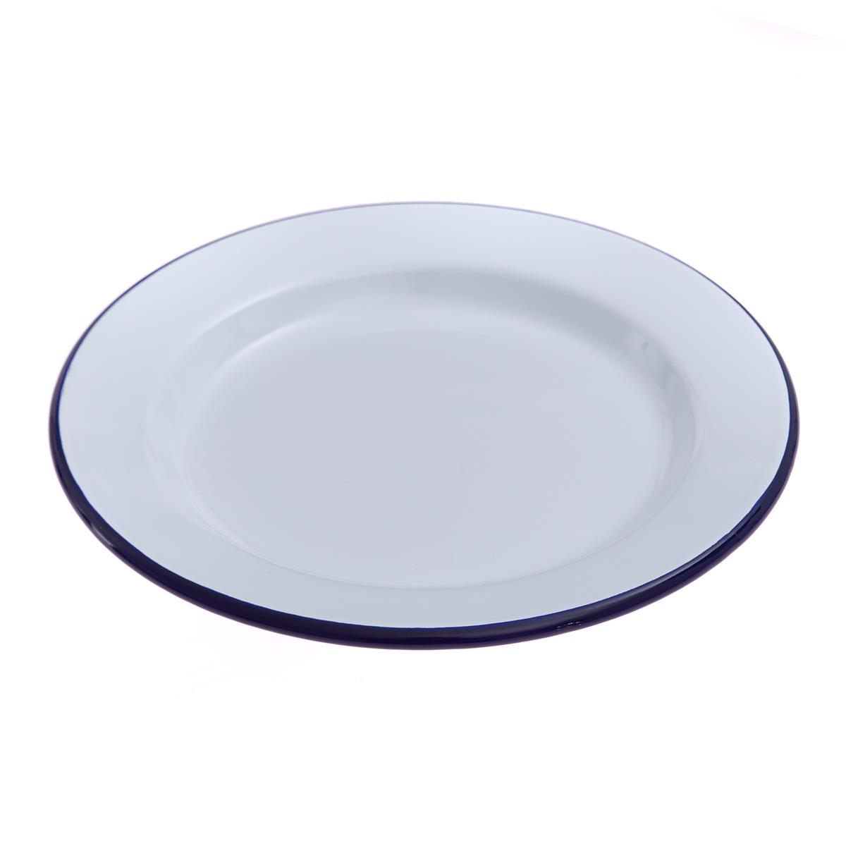 HENDI Emaille Teller flach Ø 24 cm stapelbar Gastro Teller weiß blauer Rand