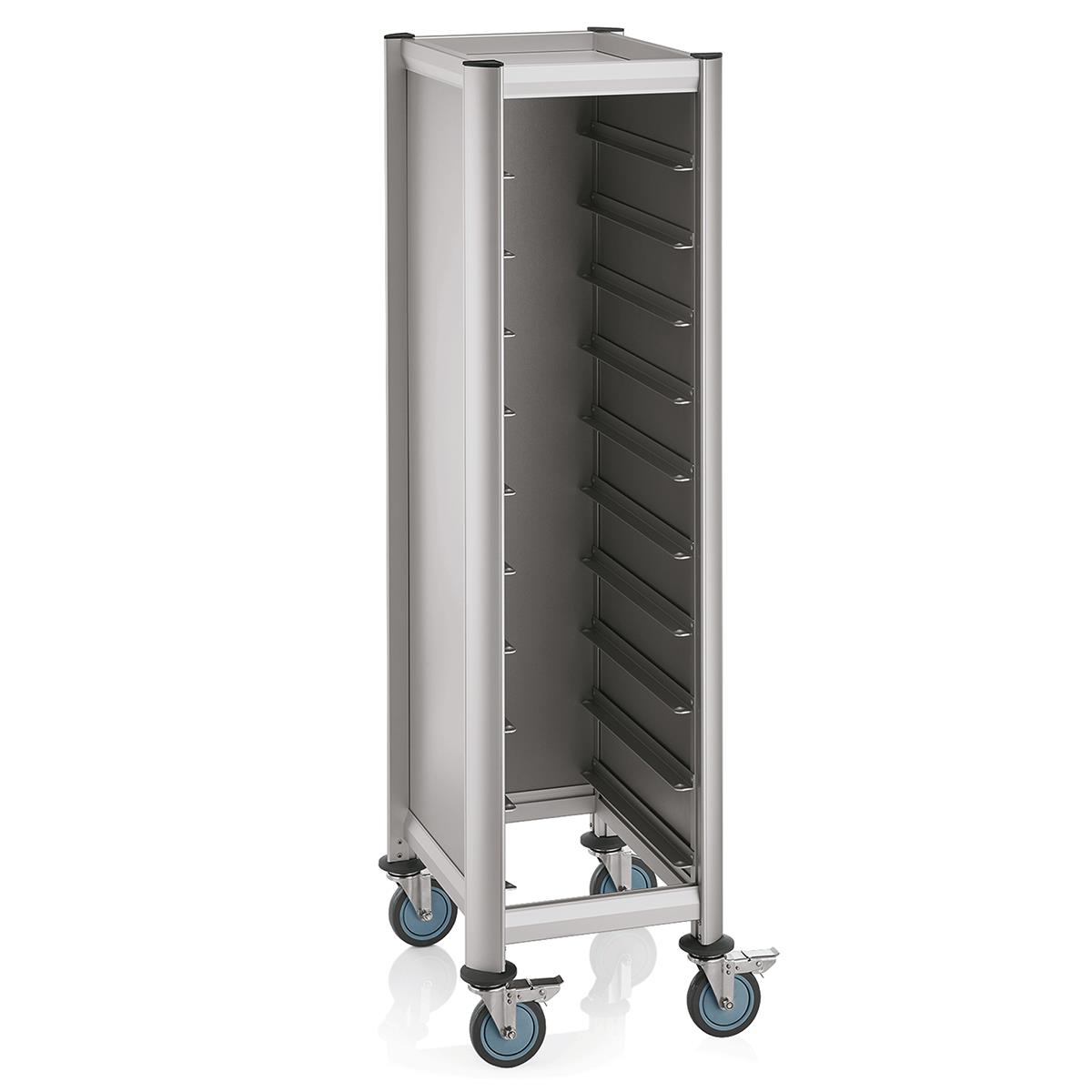 EN Tablettwagen für 10 Tabletts 60 x 50 x 165 cm Alu-Profile mit MDF-Seitenteilen in Silber mit 4 schwenkbaren Rollen, Regalwagen