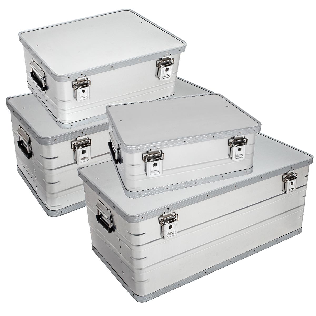 Aluminium Boxen 4-tlg. Set 30l / 50l / 95l / 147l wasserdicht, groß, abschließbar, Alukisten mit Deckel - Aluminium Transportbox Camping