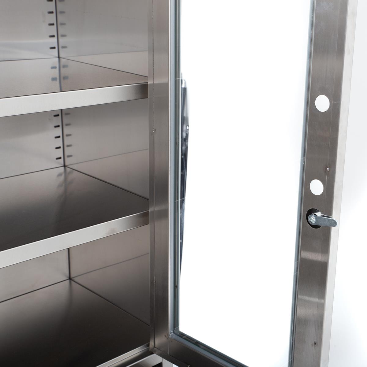 Edelstahlschrank mit Glastüren, Schubladen + Unterschrank, 90 x 180 cm