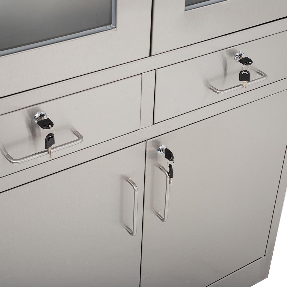 Edelstahlschrank mit Glastüren, Schubladen + Unterschrank, 90 x 180 cm