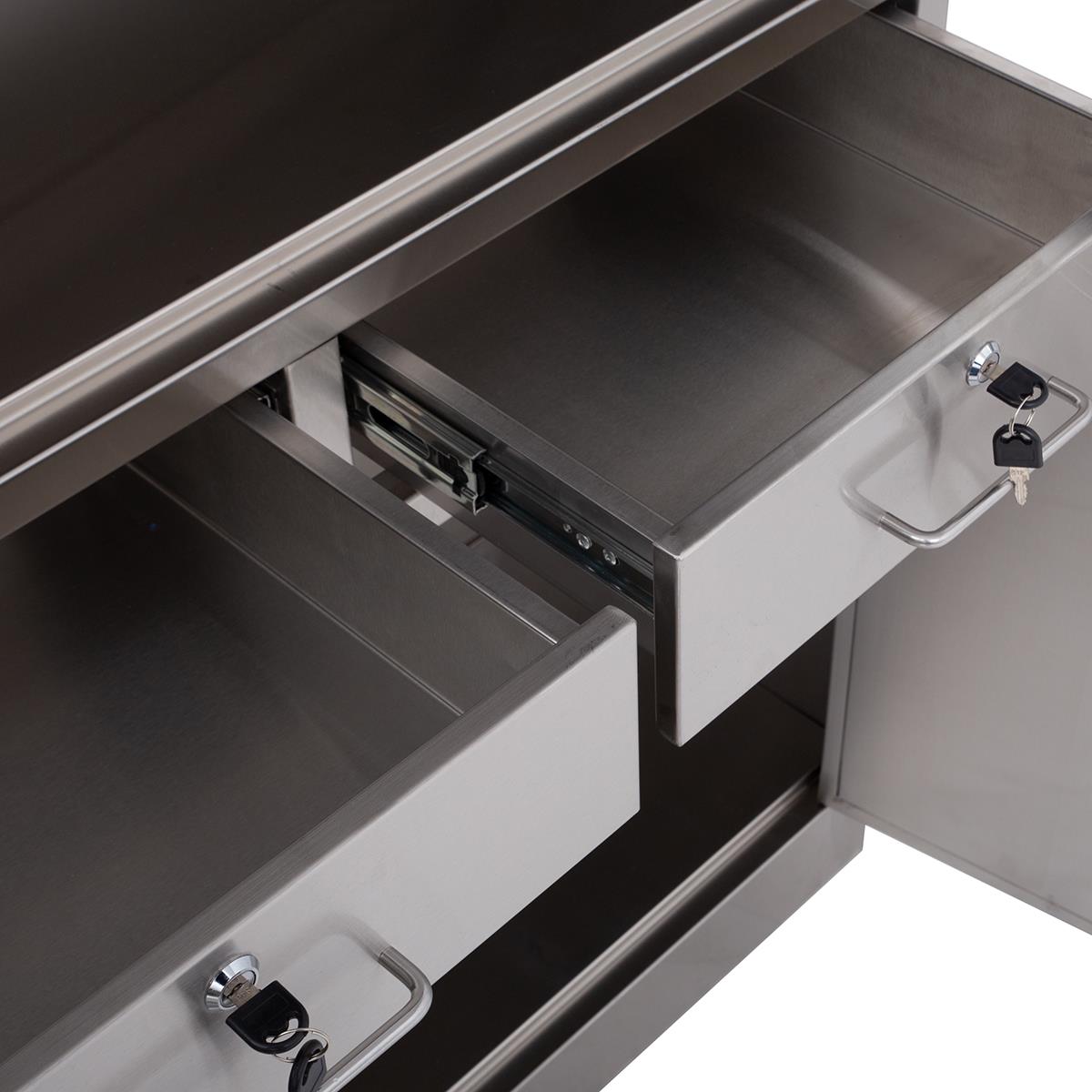 Edelstahlschrank mit Glastüren, Schubladen + Unterschrank, 90 x 180 cm
