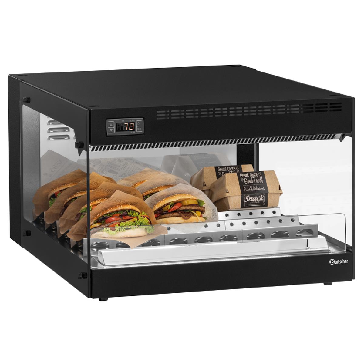 Warmhaltevitrine SN 10, LED, digital 30–75 °C, 590×790×405 mm, inkl. 3 Snackwellen