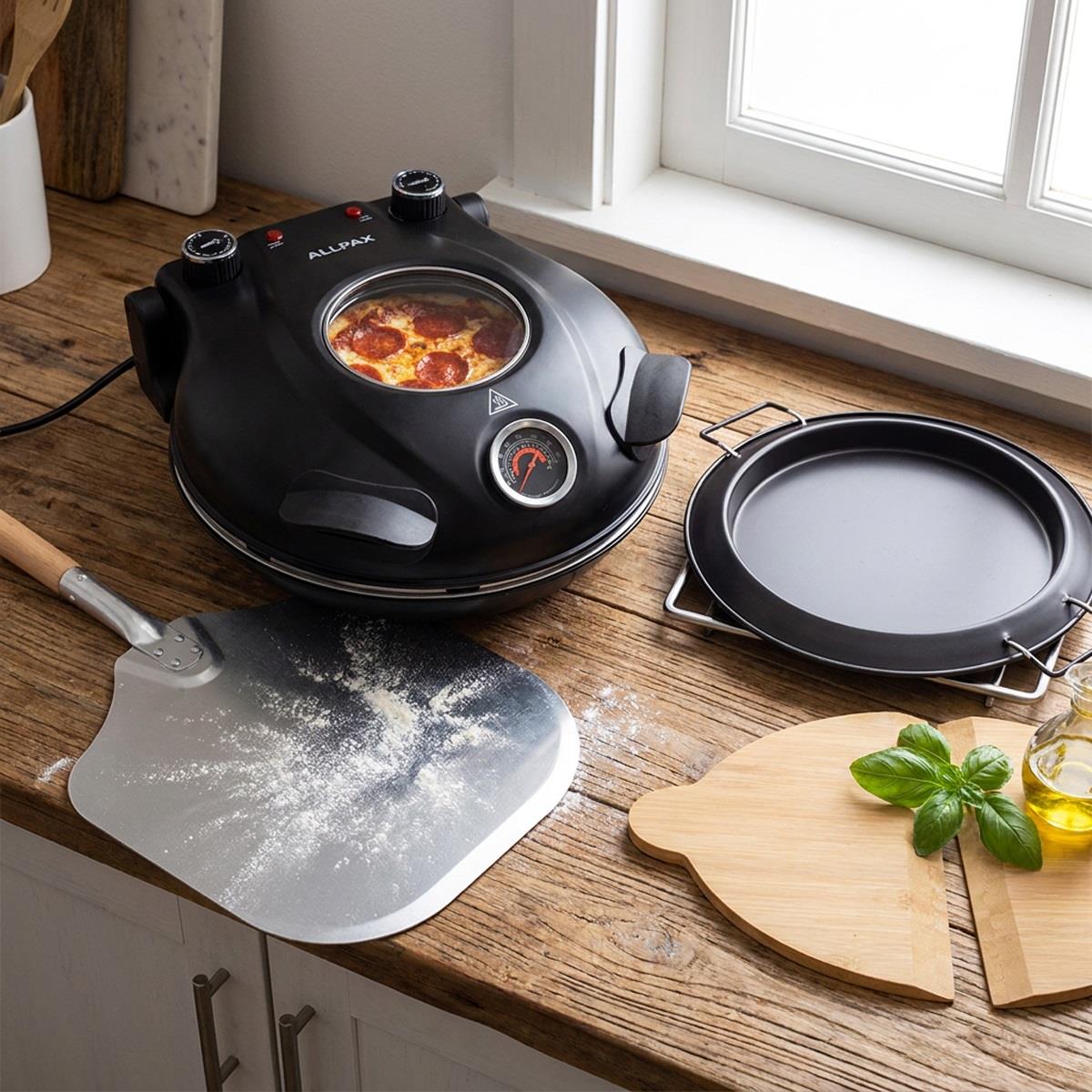 Pizzaofen Set schwarz mit Steinplatte, Pfanne und 2 Bambusschaufeln
