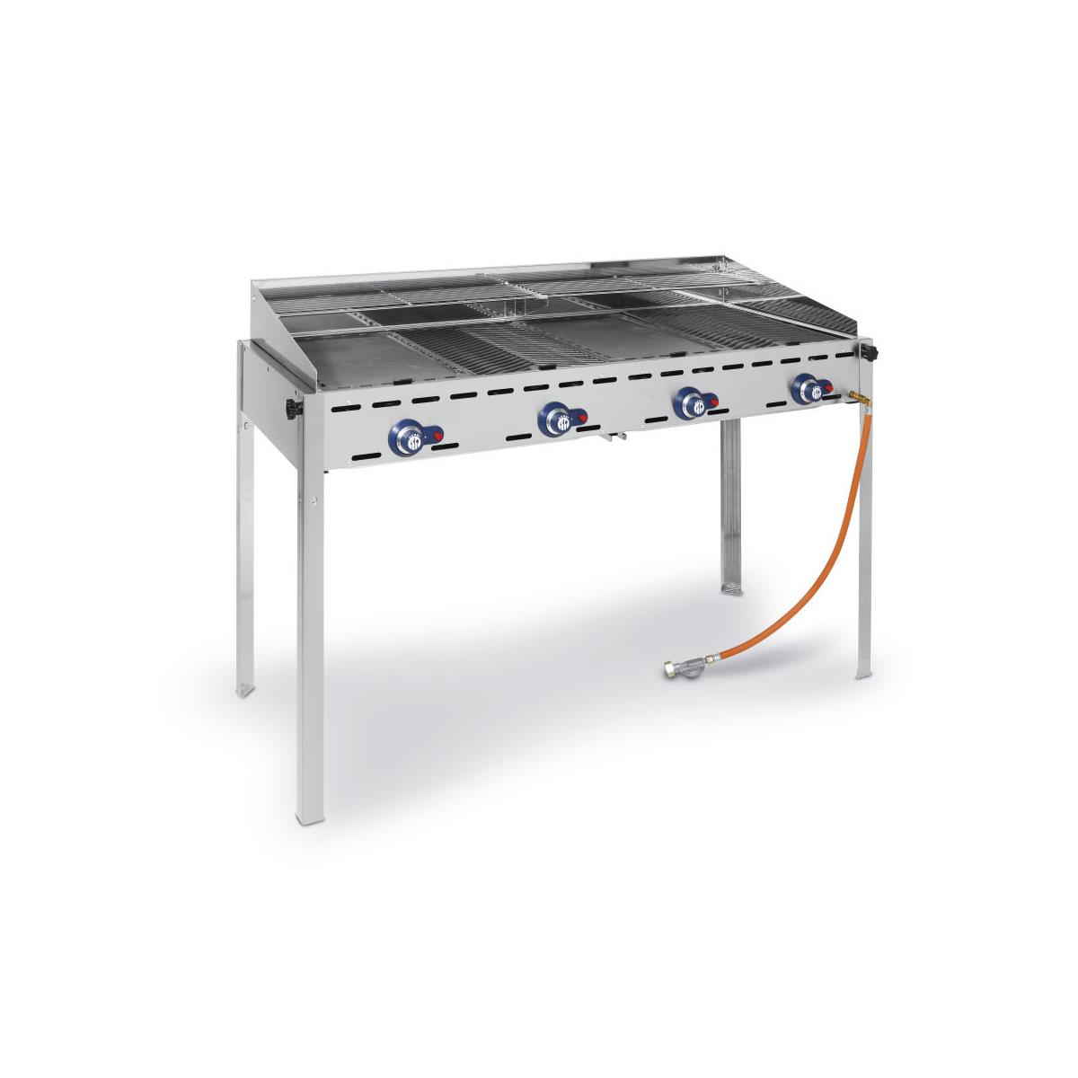 HENDI Grillsystem 4 Brenner mit Rollengestell Green Line 140 x 61 x 82,5 cm mit Gusseisen-Grillplatten, Gastro Edelstahl Gasgrill