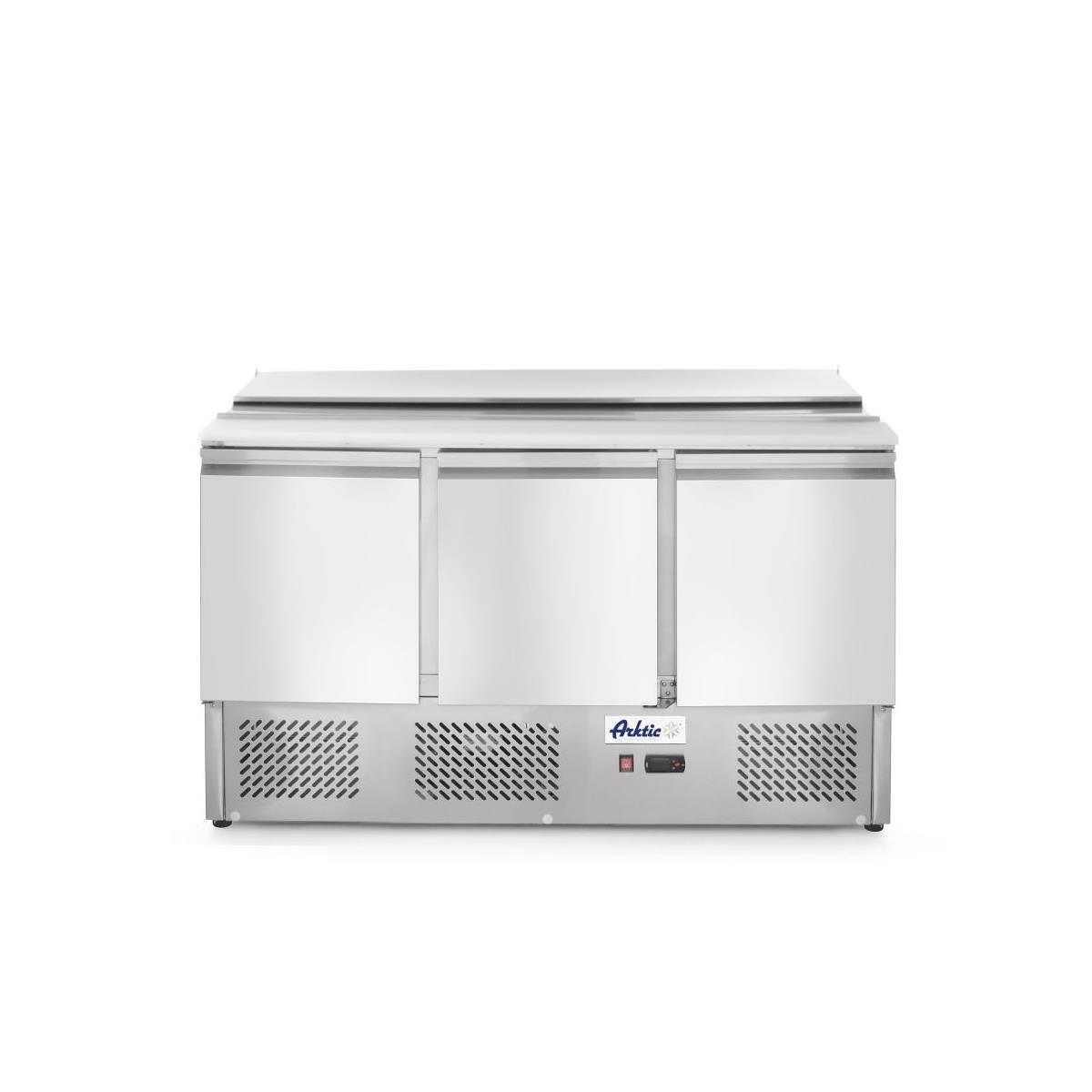 HENDI Saladette 380 Liter 4x GN 1/1 dreitürig Umluftkühlung inkl. 2 Böden Digitalanzeige, Gastro Edelstahl Kühltisch