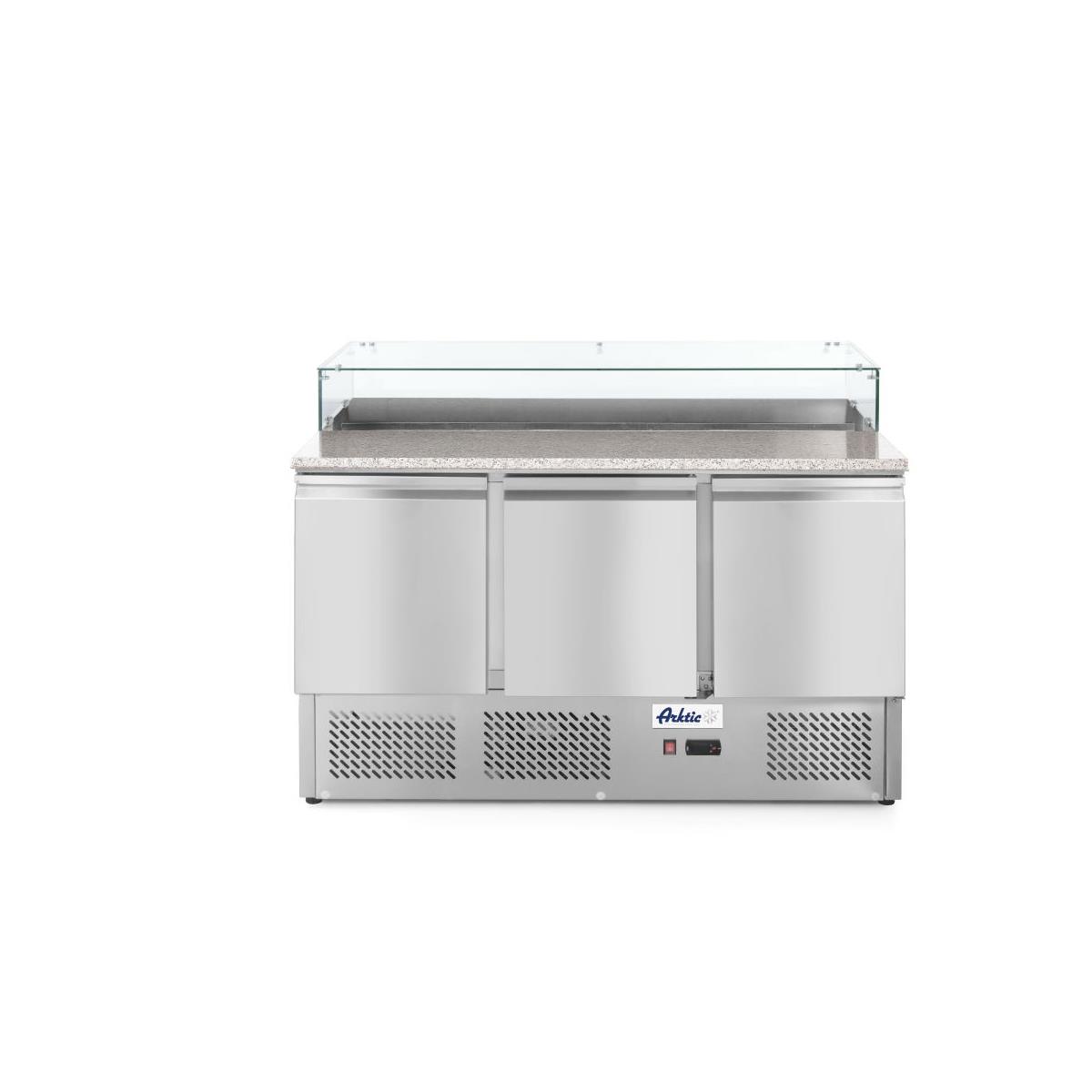 HENDI Pizzatisch 380 Liter 8x GN 1/6 dreitürig Granitarbeitsplatte Glasabdeckung, Gastro Edelstahl Pizzakühltisch Digital Pizzateig Kühlung