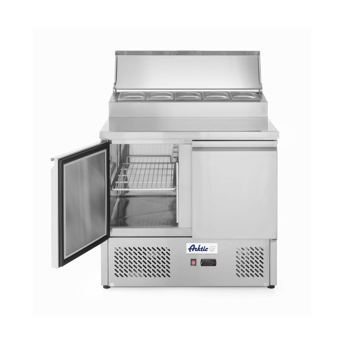 HENDI Pizzakühltisch 300 l 2-türig mit Edelstahl Kühlaufsatz für 5x GN 1/6 und GN 1/1 inkl. 2 Böden 90 x 70 x 105,5 cm, Gastro Saladette