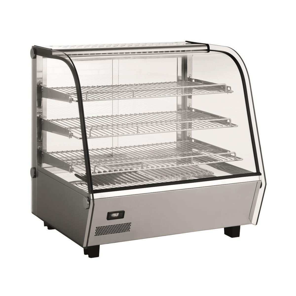 HENDI Warmhaltevitrine 120 Liter 30°C bis 90°C gewölbte Doppelglas Frontscheibe Edelstahl LED Beleuchtung 3 Regalböden
