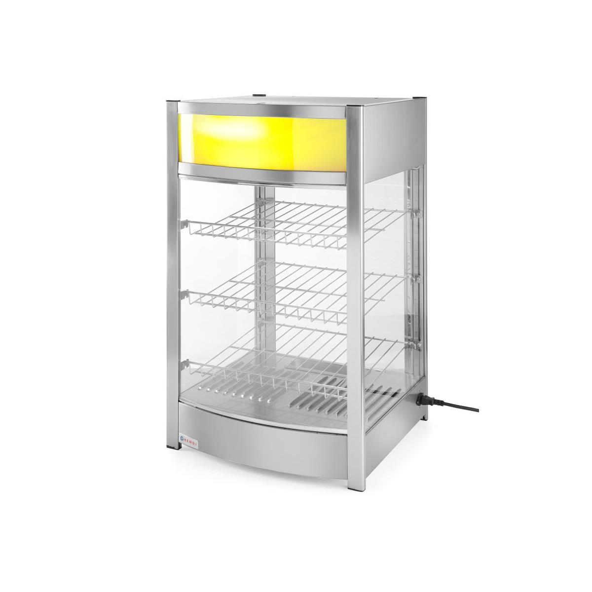 HENDI Warmhaltevitrine 97 Liter 3 Regalböden 40 x 33,5 cm mit Werbebox beleuchtet Wasserbehälter 30°C bis 90°C, Gastro Wärmetheke
