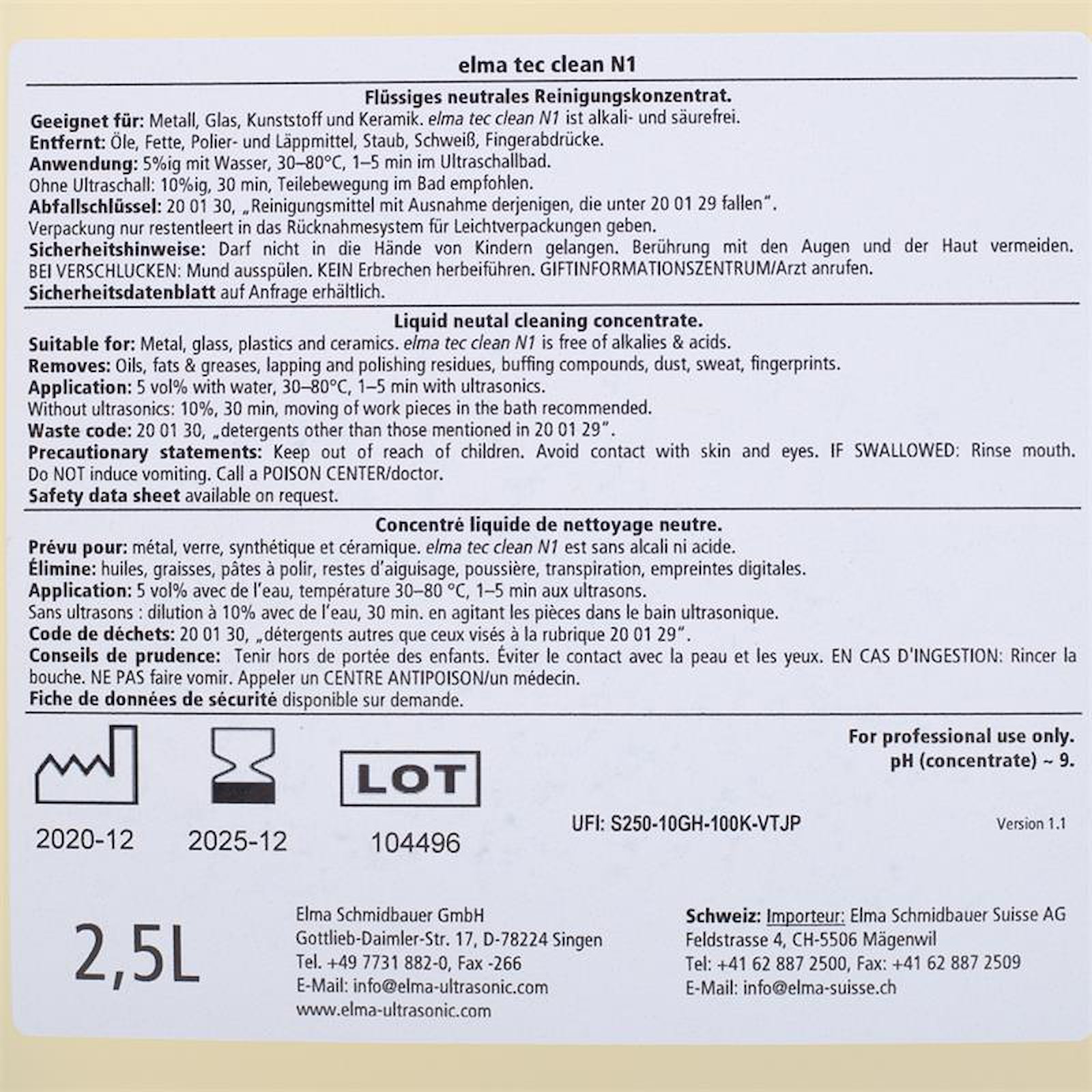 elma tec clean N1 Etikett Rückseite