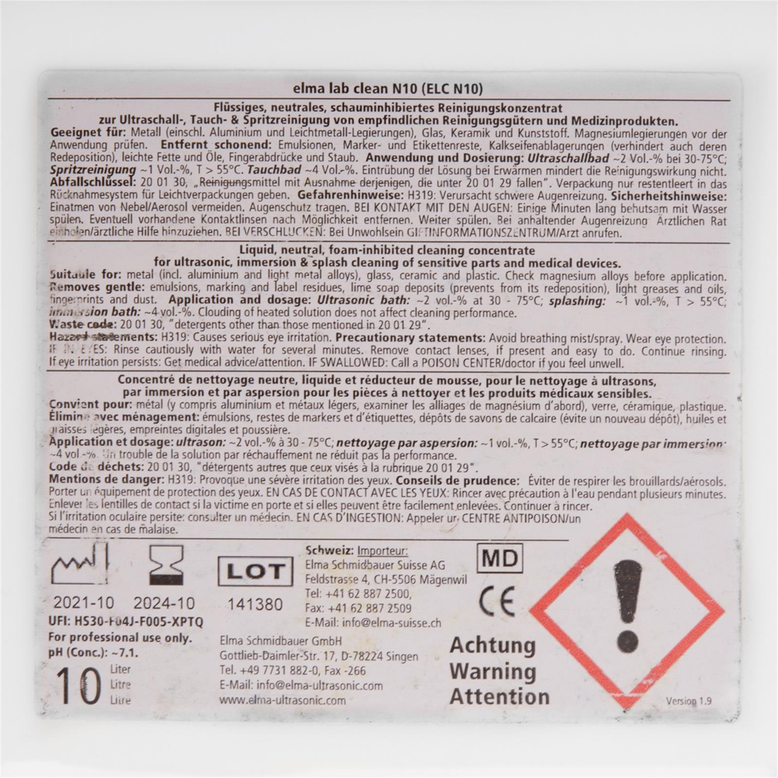 elma lab clean N10 Eteikett Rückseite
