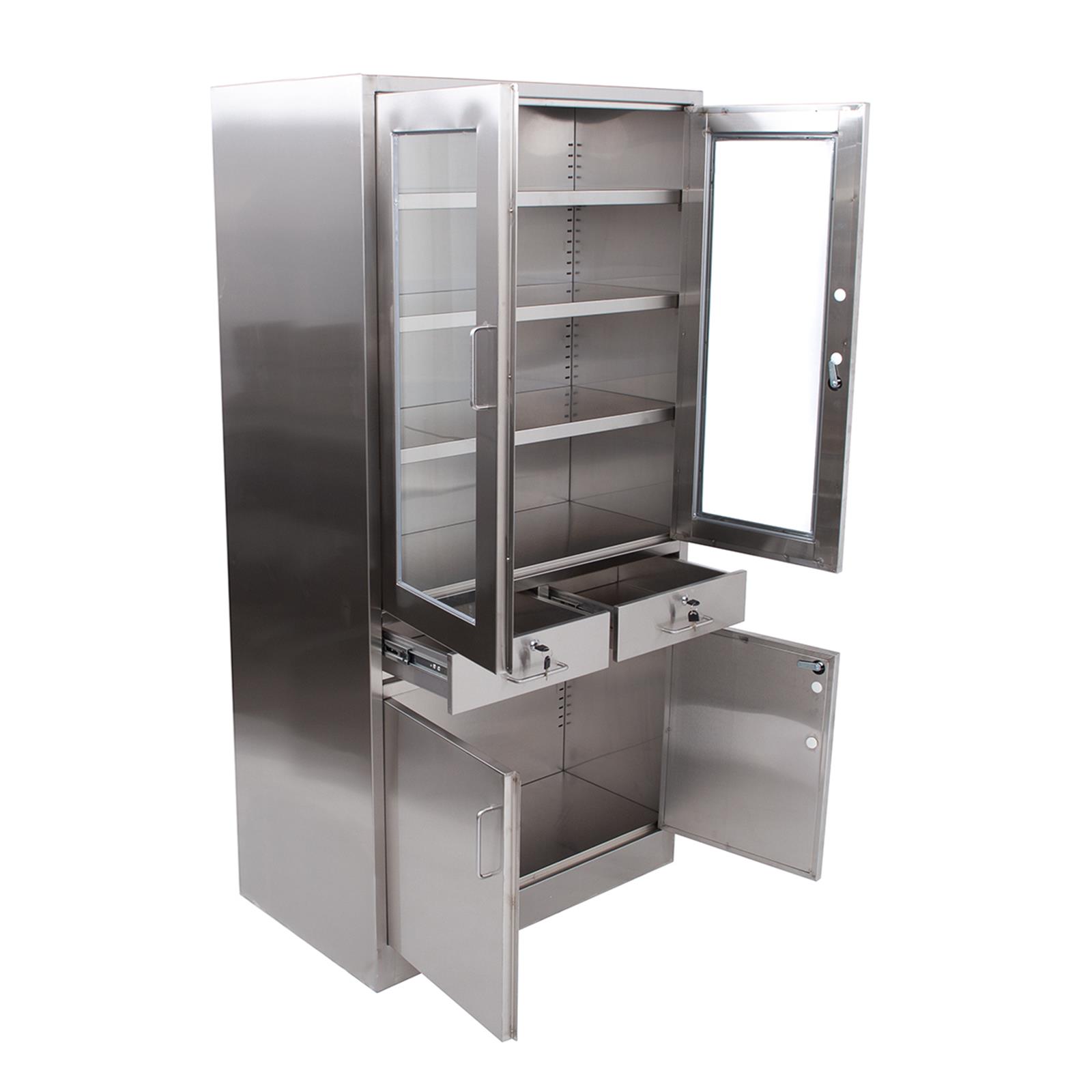 Edelstahlschrank mit Glastüren, Schubladen + Unterschrank, 90 x 180 cm