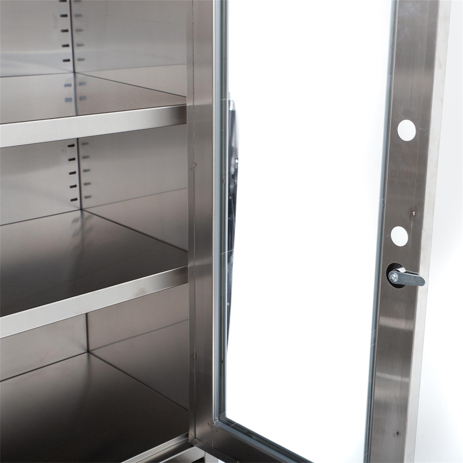 Edelstahlschrank mit Glastüren, Schubladen + Unterschrank, 90 x 180 cm