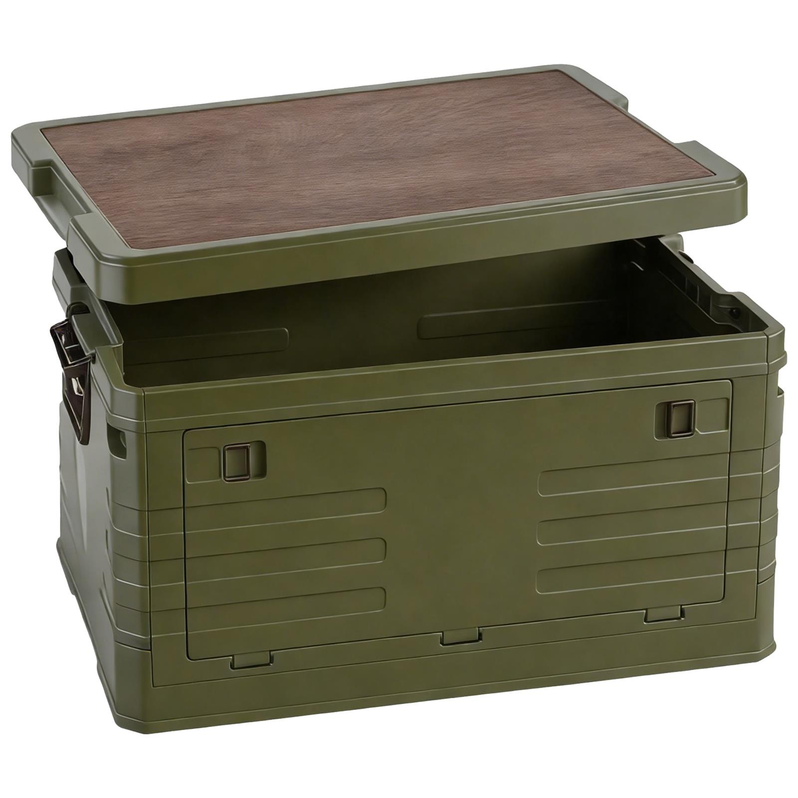 Campingbox mit geöffnetem Holzdeckel