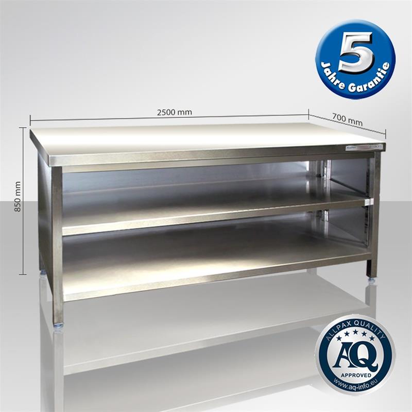 Edelstahl Arbeitsschrank 250 x 70 cm, Spanplatte unterfüttert