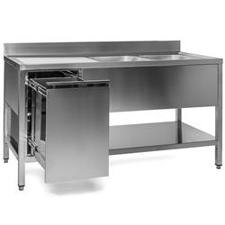 Spoelkast Roestvrij Staal 180 x 60 x 85 cm met Afvalbak, 2 Bakken