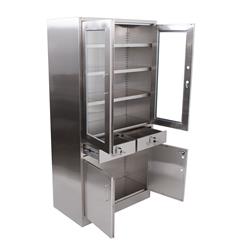 Edelstahlschrank mit Glastüren, Schubladen + Unterschrank, 90 x 180 cm