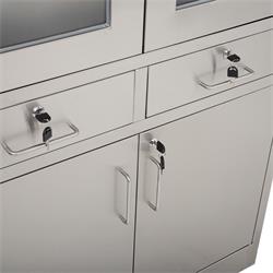 Edelstahlschrank mit Glastüren, Schubladen + Unterschrank, 90 x 180 cm