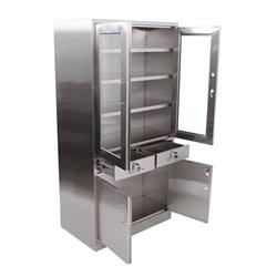 Edelstahlschrank mit Glastüren, Schubladen + Unterschrank, 90 x 180 cm