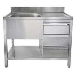 Spültisch 1400x600x850mm,  Becken rechts oder links, 3 Schubladen