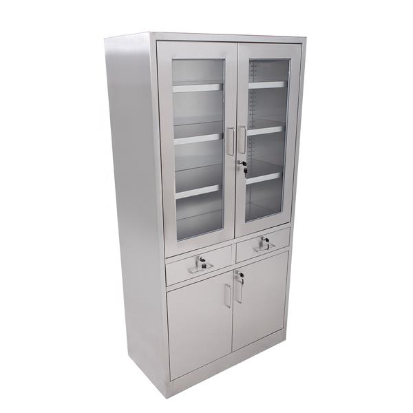 Edelstahlschrank mit Glastüren, Schubladen + Unterschrank, 90 x 180 cm